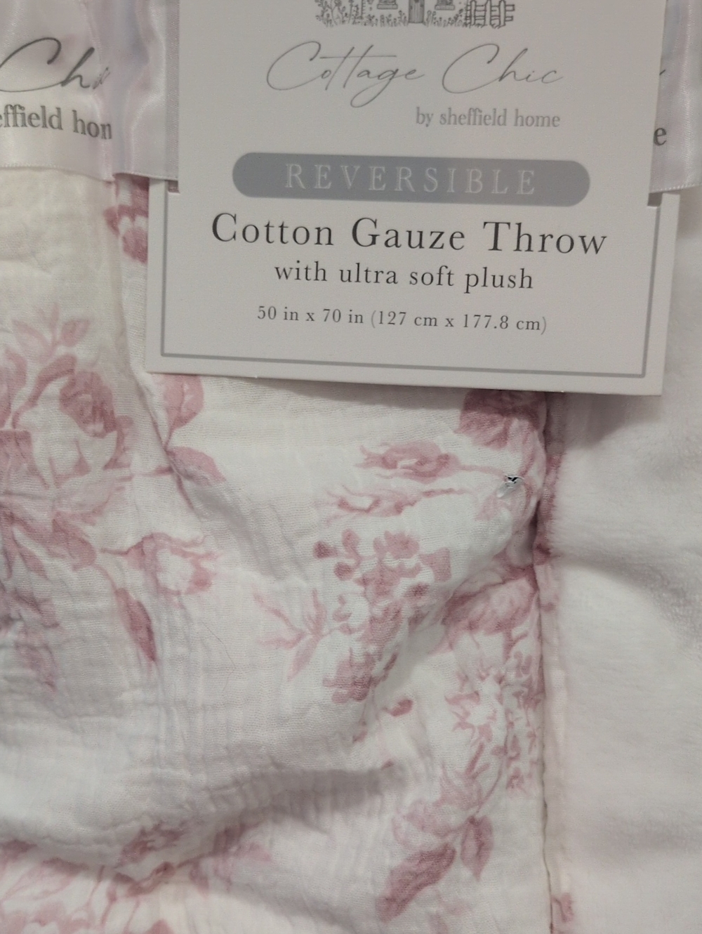 COTTAGE CHIC Reversible Cotton Gauze Throw Pink Floral on White 50x70 Ultra Soft